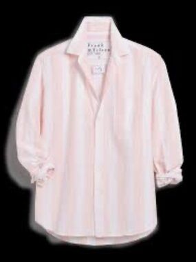 Frank & Eileen Joedy Italian Cotton Denim Button Up Shirt Pink White Stripe M